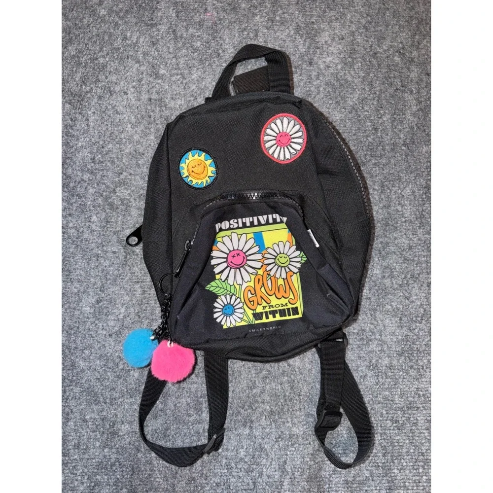 SmileyWorld Mini Backpack Black Daisy Smiley Face Y2K Retro Pom Pom Bag